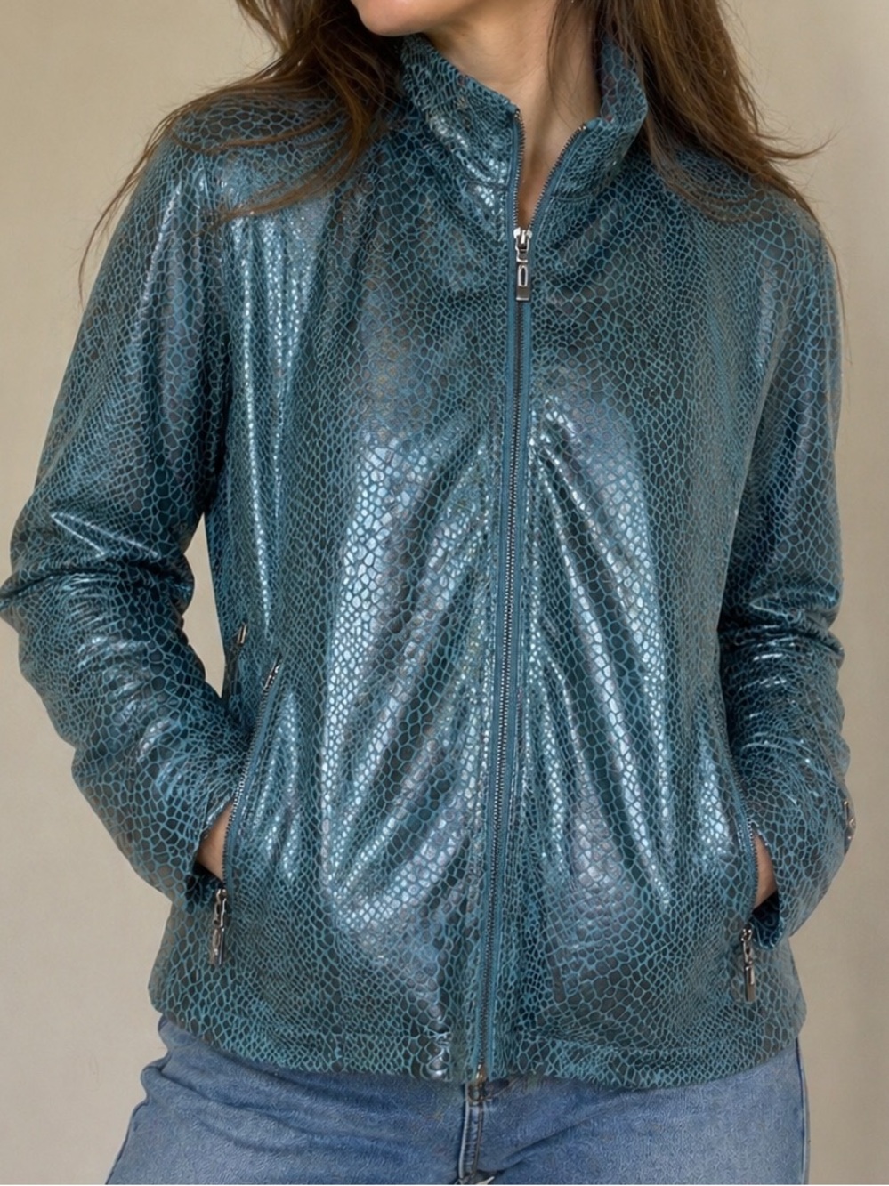 Guillaume Teal Snakeskin Textured Zip Jacket Size 2X Statement Faux Leather